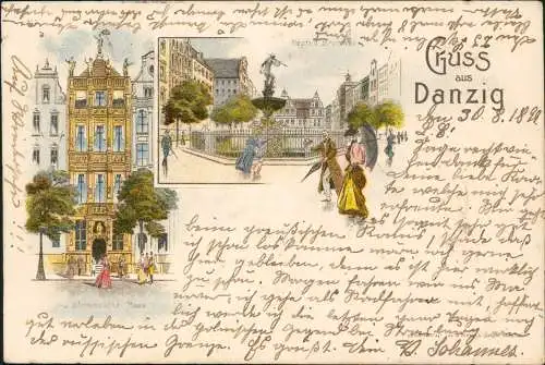 Litho AK Danzig Gdańsk 2 Bild Gruss aus... Neptunbrunnen Stettenssche Haus 1899