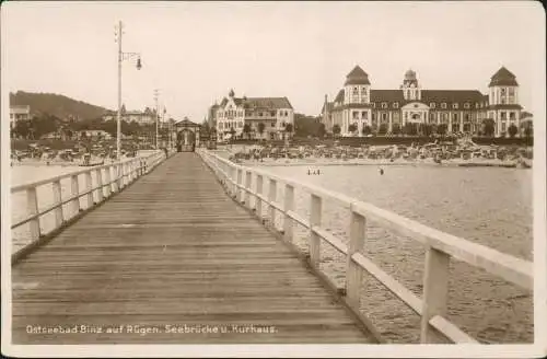 Ansichtskarte Binz (Rügen) Seebrücke u. Kurhaus 1930