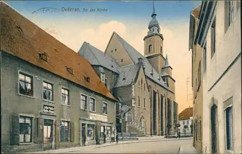 Ansichtskarte Oederan Straßenpartie an der Kirche 1916  gel. Feldpoststempel