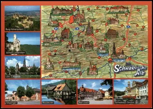 Schwabenland Schwaben SCHWÄBISCHE ALB Landkarte & div. Sehenswürdigkeiten 1980