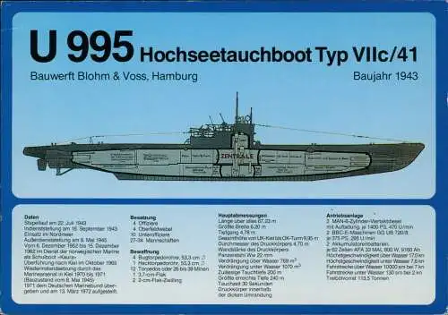 Ansichtskarte  U 995 Hochseetauchboot Typ VIIc/41 (mit Technik-Daten) 1980