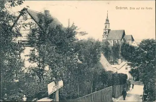 Ansichtskarte Oederan Tischlerei, Weg - Blick zur Kirche 1918