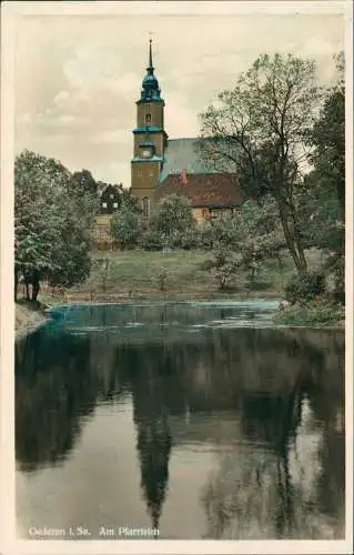 Ansichtskarte Oederan Pfarrteich und Kirche colorierte Fotokarte 1929