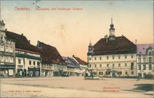 Ansichtskarte Oederan Marktplatz mit Freiberger Strasse. 1908