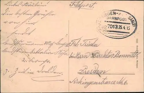 Ansichtskarte Oederan Marktplatz 1915  gel. Bahnpoststempel als Feldpost