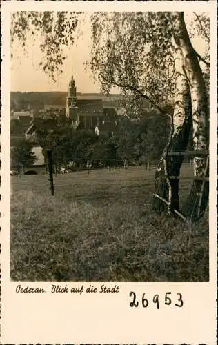 Ansichtskarte Oederan Blick zur Kirche über die Weide an den Birken 1937
