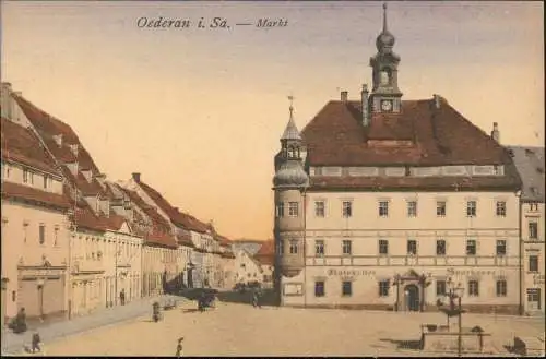 Ansichtskarte Oederan Marktplatz u. Freiberger Strasse 1920 coloriert