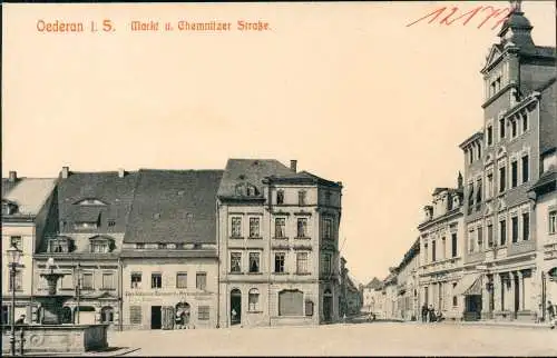 Ansichtskarte Oederan Markt u. Chemnitzer Straße. 1909