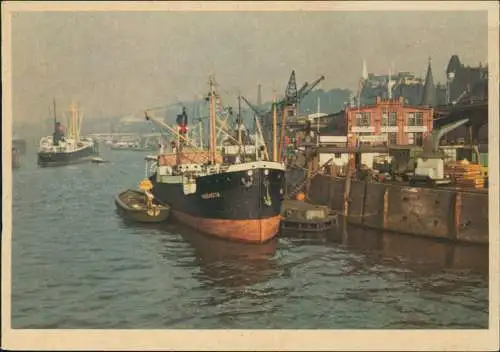 Ansichtskarte Hamburg Hafen, Beladung des Frachtschiffes 1956