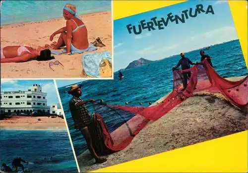 Corralejo (Fuerteventura) 3-Bild-Karte mit Strand, Fischer, Hostal 1970
