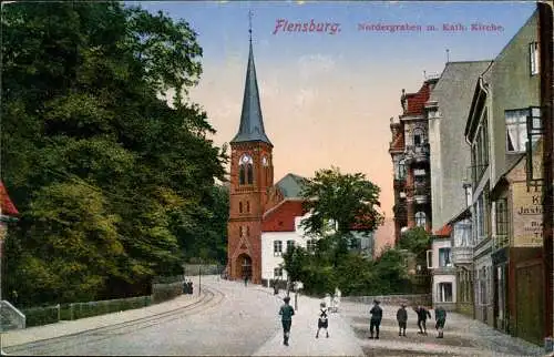 Ansichtskarte Flensburg Nordergraben m. Kath. Kirche 1925