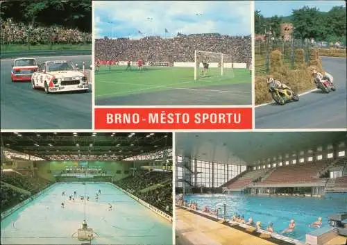 Brünn Brno Mehrbildkarte Sport (Motorrad, Autorennen, Fussball, Eishockey) 1990