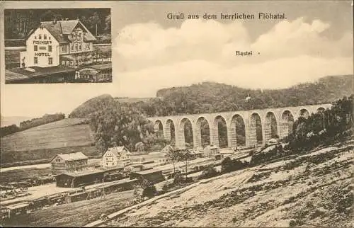 HetzdorFlöha (Sachsen) Fischers Hotel, Bahnhof 1915  gel. Bahnpoststempel