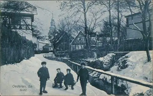 Ansichtskarte Oederan Brühl, Kinder mit Schlitten im Winter 1913