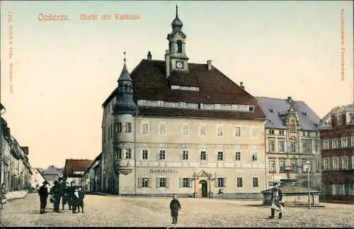 Oederan Marktplatz Markt mit Rathaus Handkolorierte Künstlerkarte 1906