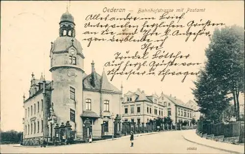 Ansichtskarte Oederan Bahnhofstrasse mit Postamt 1913/1908