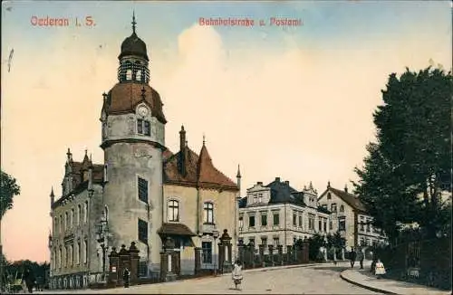 Ansichtskarte Oederan Bahnhofstraße u. Postamt 1912