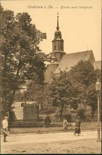 Ansichtskarte Oederan Kirche und Teichplatz, Laterne Garten 1924