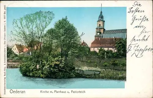 Ansichtskarte Oederan Kirche m. Pfarrhaus u. Pastorteich 1905