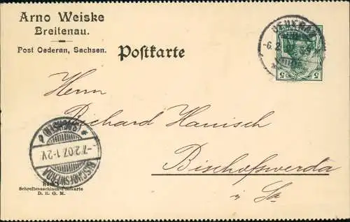 Ansichtskarte Breitenau-Oederan Drucksache Arno Weiske 1907