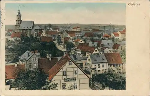 Ansichtskarte Oederan Ortsansicht Panorama mit Tischlerei 1911 Bahnpoststempel