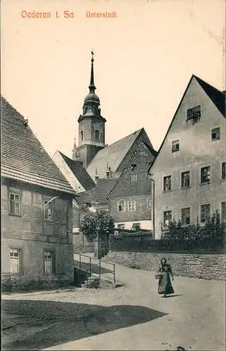 Ansichtskarte Oederan Partie in der Unterstadt mit Frau u. Einkaufskorb 1910