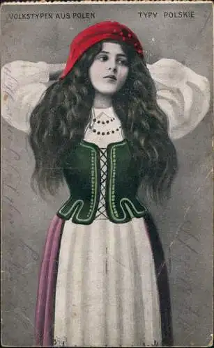 Polen Polska Volkstypen Trachten TYPY POLSKIE Frau 1916  gel. Feldpost Warschau