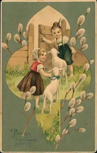 Glückwunsch Ostern / Eastern Junge Mädchen Lamm 1904 Prägekarte