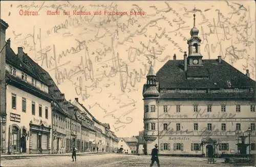 Oederan Marktplatz Markt mit Rathaus und Freiberger Straße. 1911