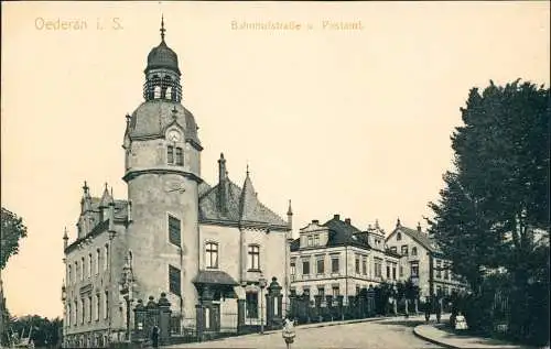 Ansichtskarte Oederan Bahnhofstrasse und Postamt. 1910