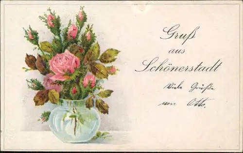 Ansichtskarte  Rosen in Vase Gruß aus Schönerstadt 1918  gel. Stempel Oederan