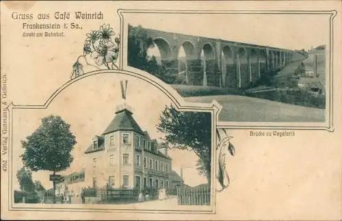 Frankenstein-OederanCafé Weinrich Brücke zu Wegefarth 1908   Bahnpoststempel