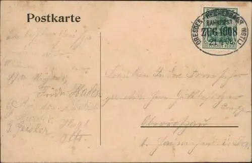 Frankenstein-OederanCafé Weinrich Brücke zu Wegefarth 1908   Bahnpoststempel