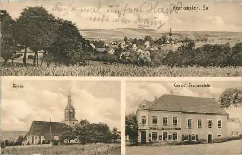 Ansichtskarte Frankenstein-Oederan 3 Bild: Stadt, Kirche, Gasthof 1915