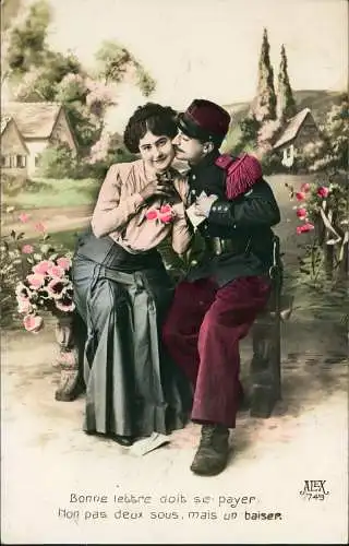 CPA .Frankreich Patriotika France Soldat Frau Liebe Fotokunst 1914