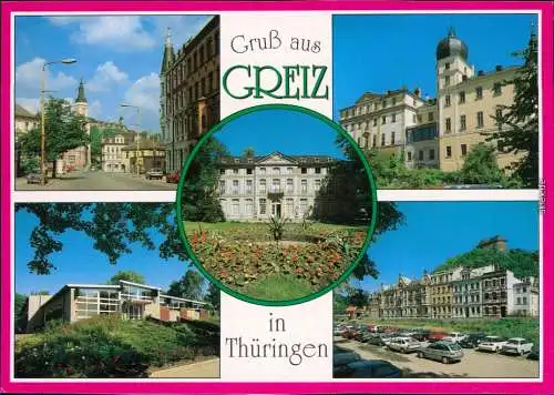Greiz August-Bebel-Straße, Unteres Schloss, Schwimmhalle, Sommerpalais, Elstersteig mit Oberen Schloss 1990