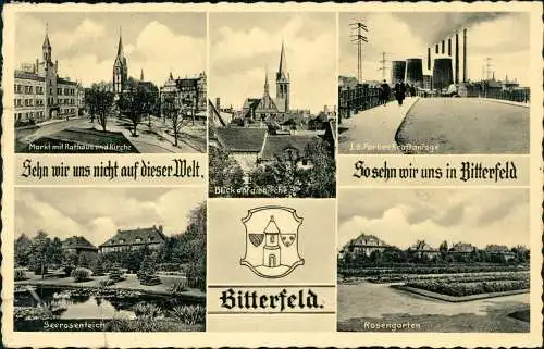 Ansichtskarte Bitterfeld MB: Fabrik UG Farben, Rosengarten, Markt 1938
