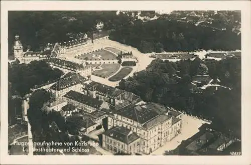 Ansichtskarte Karlsruhe Luftbild Landestheater und Schloss 1930