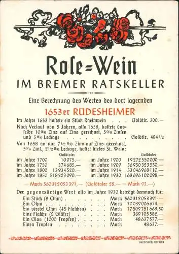 Ansichtskarte Bremen Ratskeller Bremen Rose Weine Preisentwicklung 1941