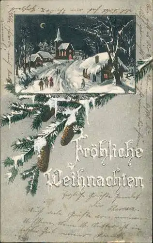 Ansichtskarte  Weihnachten - Christmas Winterdorf Tannenzweige 1905