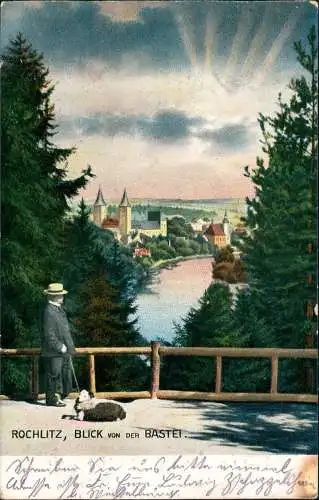 Ansichtskarte Rochlitz Mann mit Hund auf Brücke - Stadt 1905