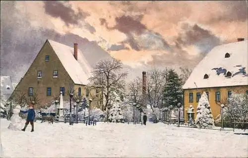 Ansichtskarte Oederan Schneemann bauen am Kirchplatz Winter Photochromie 1912