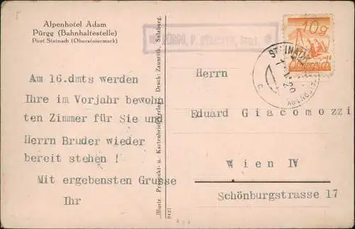 Ansichtskarte Stainach-Pürgg Alpenhotel Adam 1929