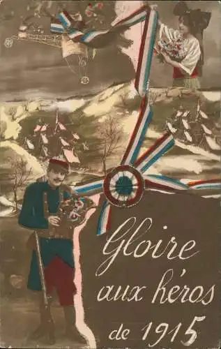 CPA .Frankreich Patriotika France Soldat Frau Gloire aux héros 1915