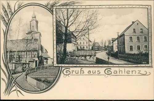 Ansichtskarte Gahlenz-Oederan 2 Bild: KIrche und Dorfstraße - Erzgebirge 1911