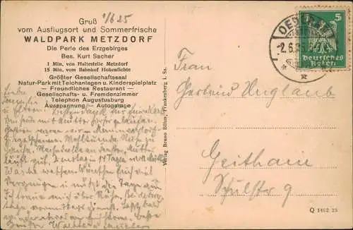 Metzdorf-Leubsdorf Sachsen MB Innenansichten Ausflugsgaststätte WALDPARK  1925