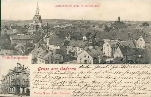 Ansichtskarte Oederan Wolfs Restauration & Total-Ansicht Friedhof aus 1903