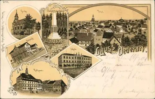 Litho AK Oederan Mehrbild-AK mit Bahnhof, Kirche, Schule uvm. 1904   gelaufen nach FRAUREUTH (Ankunftsstempel)