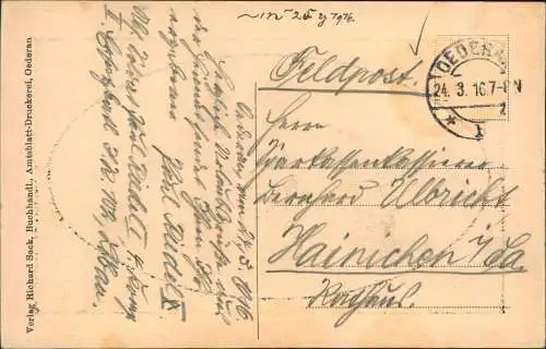 Ansichtskarte Oederan Durchfahrt Richtung Kirche 1916 Passepartout Feldpost