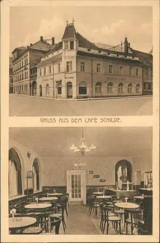 Oederan GRUSS AUS DEM CAFÉ SCHILDE (Außen- & Innenansicht) 1925